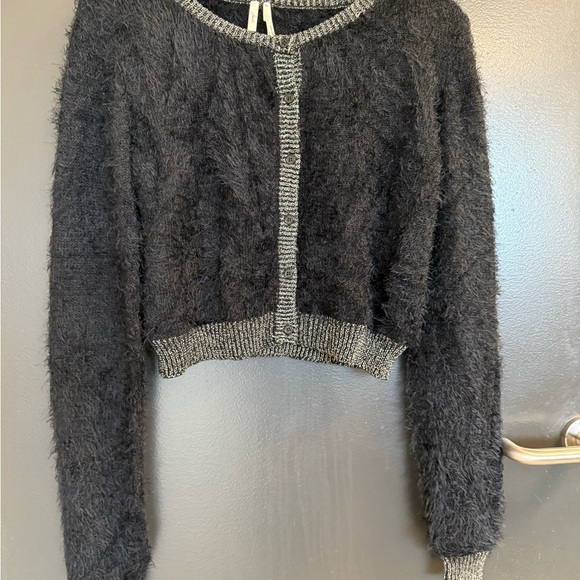 Frenchi L EUC super fun black and Light Gray really Fuzzy Cardigan - Picture 13 of 13
